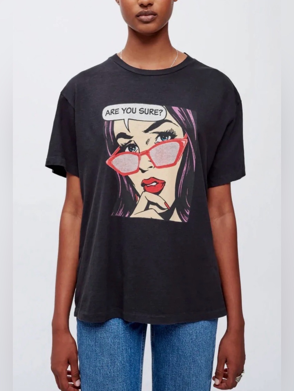 RE/DONE 90s Easy Tee in Washed Black featuring the "Are You Sure?" graphic